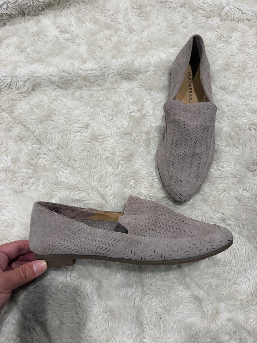 Lucky Brand Brogan Suede Taupe Perforated Loafers Woman’s Size 8